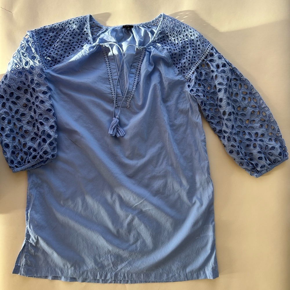J. Crew Light Blue Eyelet-Sleeve Peasant Blouse with Tassel Tie